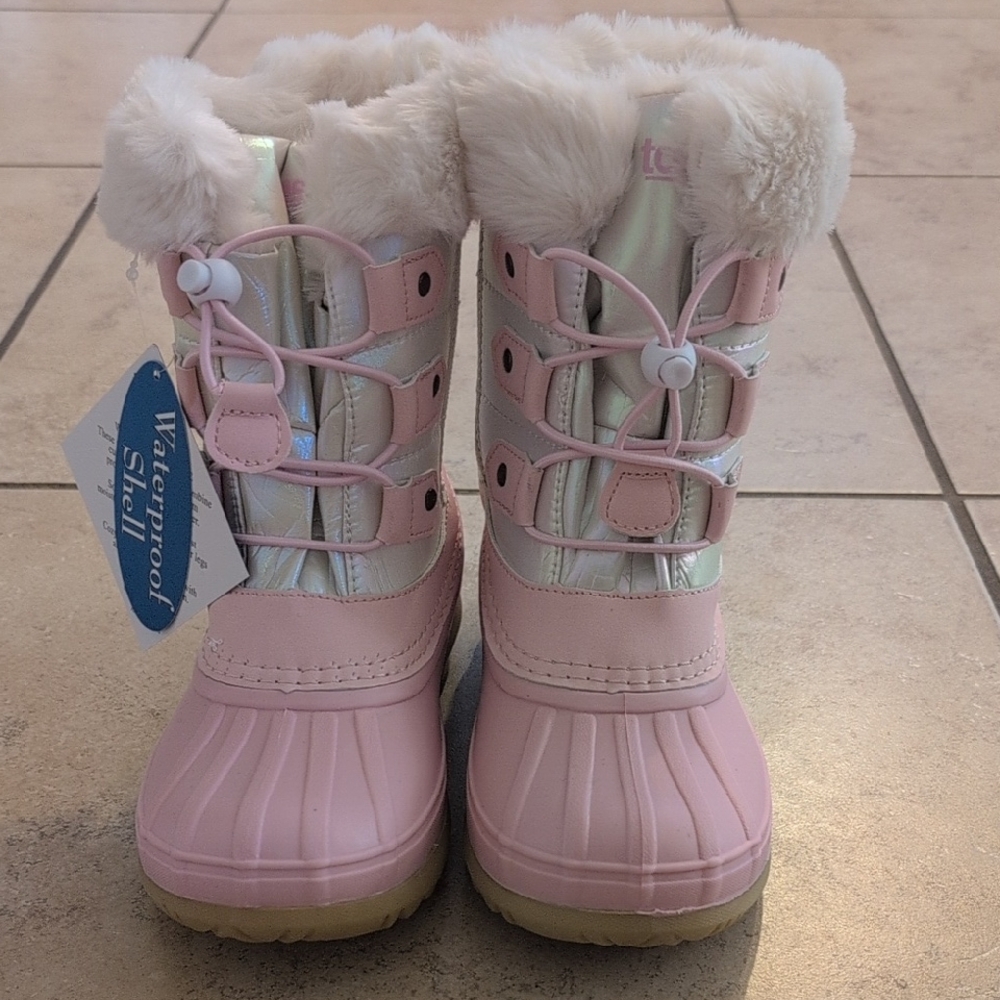 NWT Totes Pluto Pink Kids Snow Boots Faux Fur Lining Cinch Elastic Lace Up -Sz 2 - Picture 2 of 10